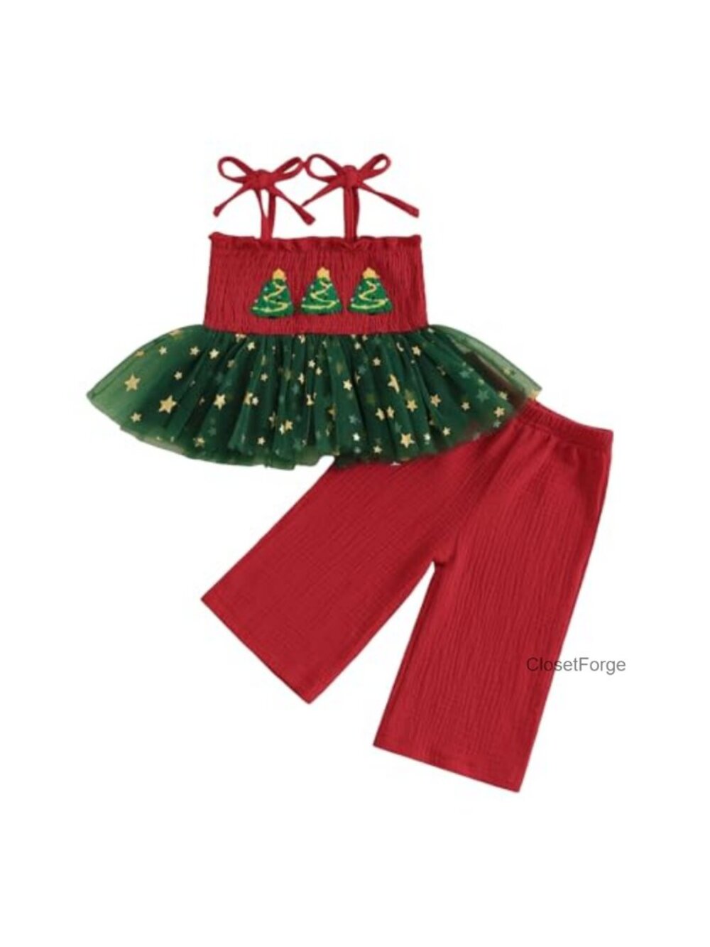 Toddler Girl Christmas Outfit Spaghetti Strap Top Linen Pant Set 2 Piece
